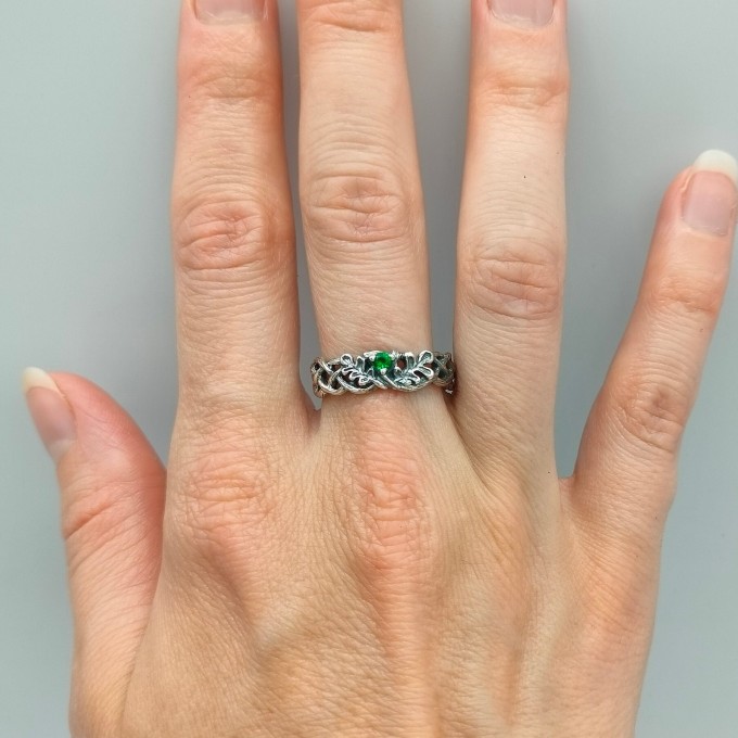 Throne of Vines: Gothic Sterling Silver Ring with Emerald Accent