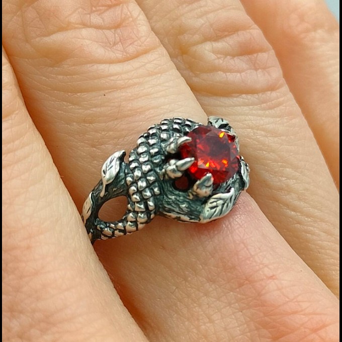 Gothic Dragon Ring with Garnet Gemstone