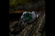 Mens Silver Nature Wedding Ring with Emerald Dragon in Leaves, Mens Forest Signet Ring with Tree Branch Band and Sapphire Dragon