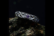Earthy Promise Ring Mens, Celtic Braided Weave Ring with Fantasy Wedding Band, Woodland Druid Amethyst Vine Twig Branch Ring