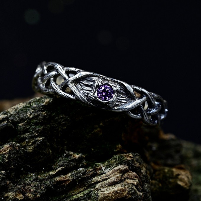 Delicate Gothic Ring with Amethyst Gemstone|Celtic Braided Weave Wedding Band with Amethyst Vine Twig Branch Design