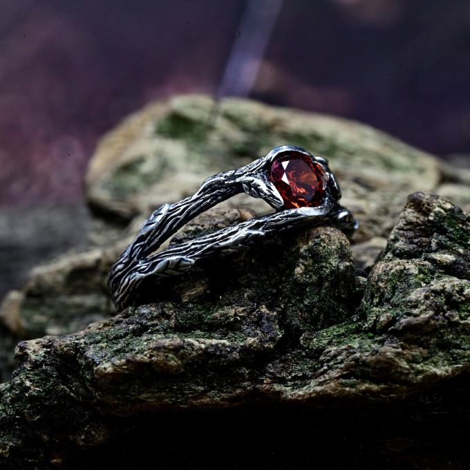 Fiery Gothic Ring with Garnet and Dark Claw Setting