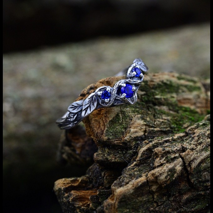 Gothic Silver Ring with Sapphire and Vine Motif