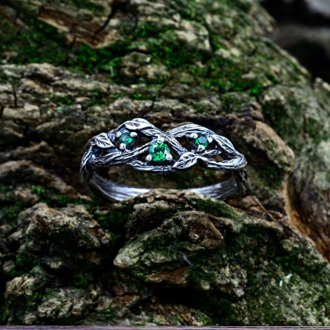 Verdant Majesty: Gothic Sterling Silver Ring with Emerald Gemstones