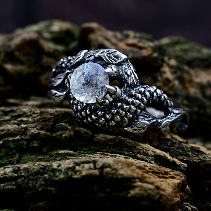 Bold Gothic Ring with Moonstone and Claw Motif