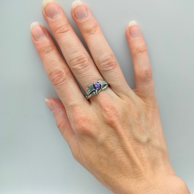 Gothic Silver Ring with Amethyst and Leaf Motif