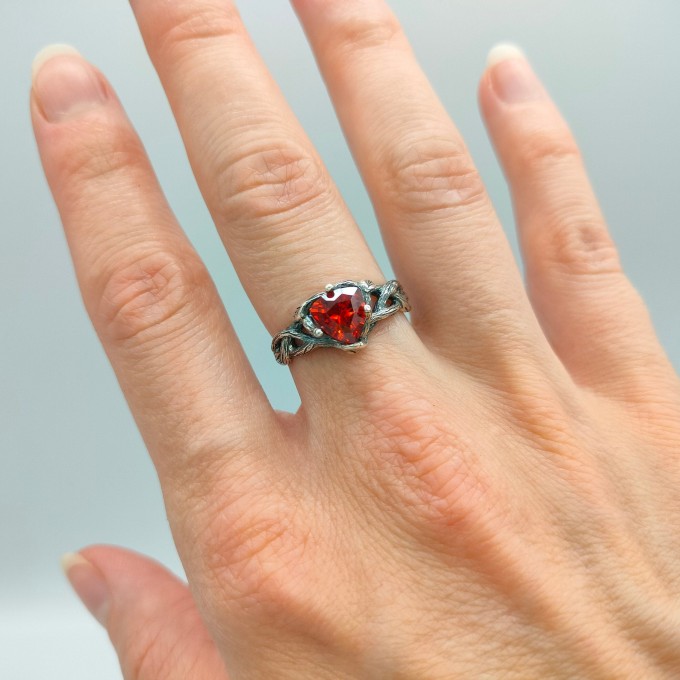Gothic Silver Ring with Fiery Garnet