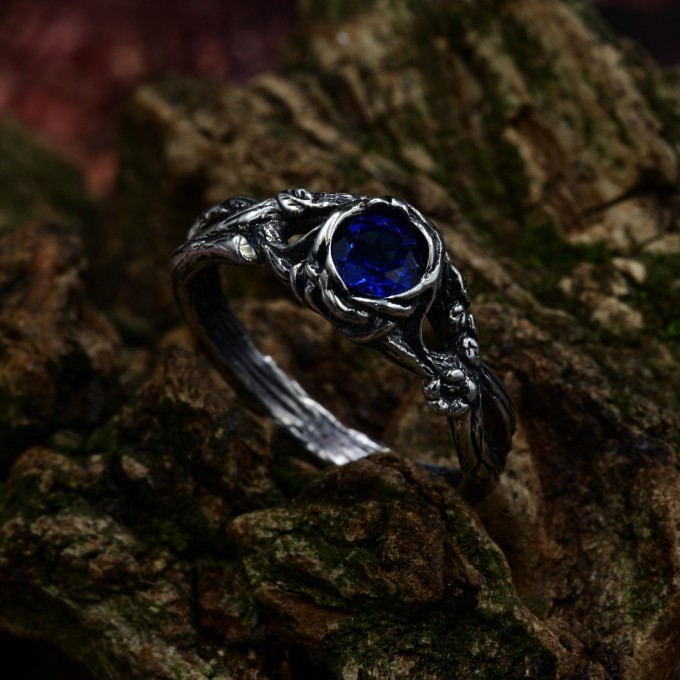 Fairy Fantasy Ring: Sapphire Twig Wedding Band with Floral Design