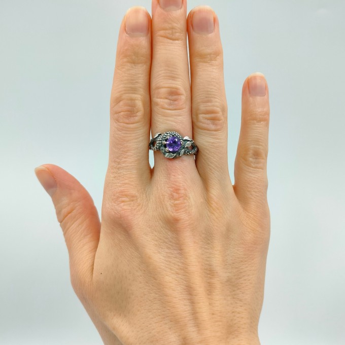Embrace of Power: Sterling Silver Dragon Ring with Amethyst Gemstone