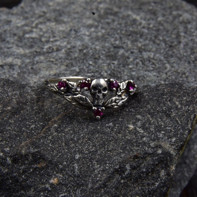 Gothic Ruby Ring with Skull Motif and Bold Design 
