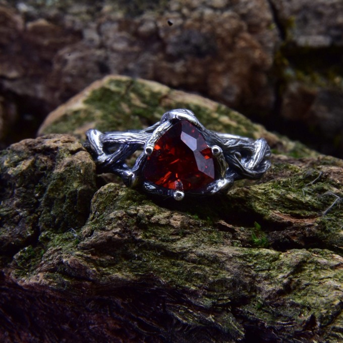 Gothic Silver Ring with Fiery Garnet