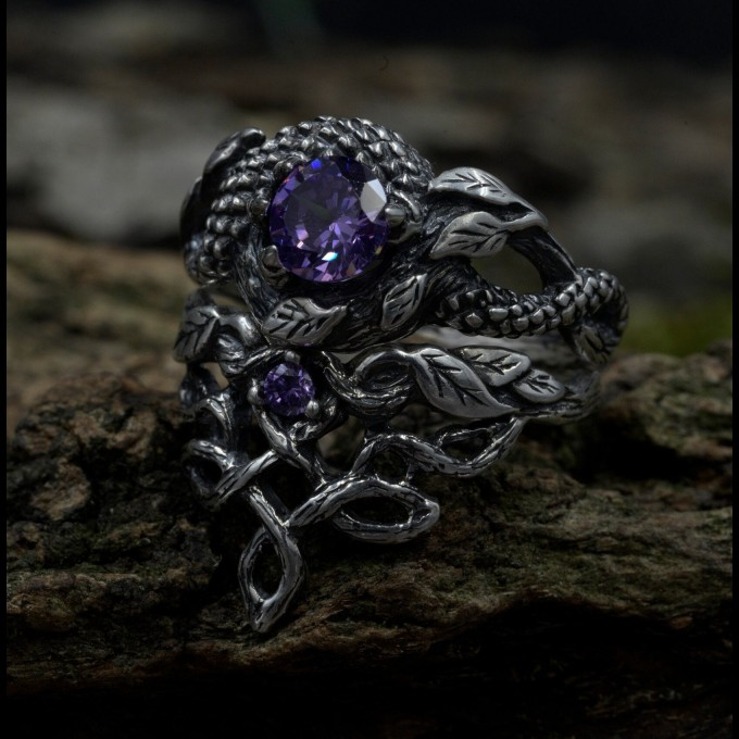 Gothic Dragon Ring with Radiant Amethyst Gemstone