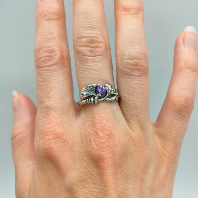 Gothic Silver Ring with Amethyst and Leaf Motif