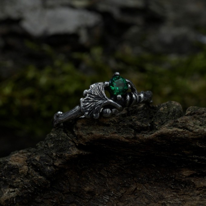 Forest Grace: Gothic Sterling Silver Ring with Emerald Gemstone