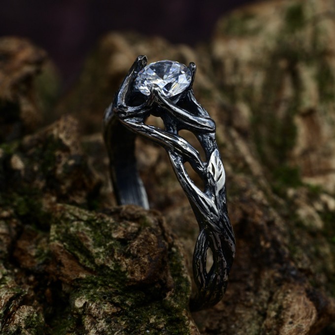 Gothic White Topaz Ring with Enchanted Vine Motif