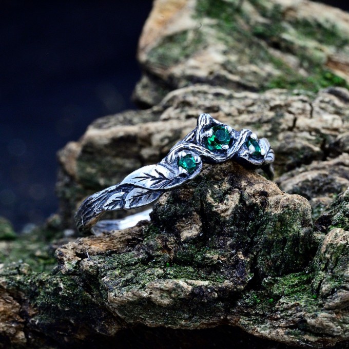 Whispers of the Forest: Sterling Silver Ring with Emerald Accents