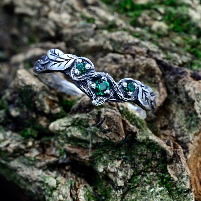 Whispers of the Forest: Sterling Silver Ring with Emerald Accents