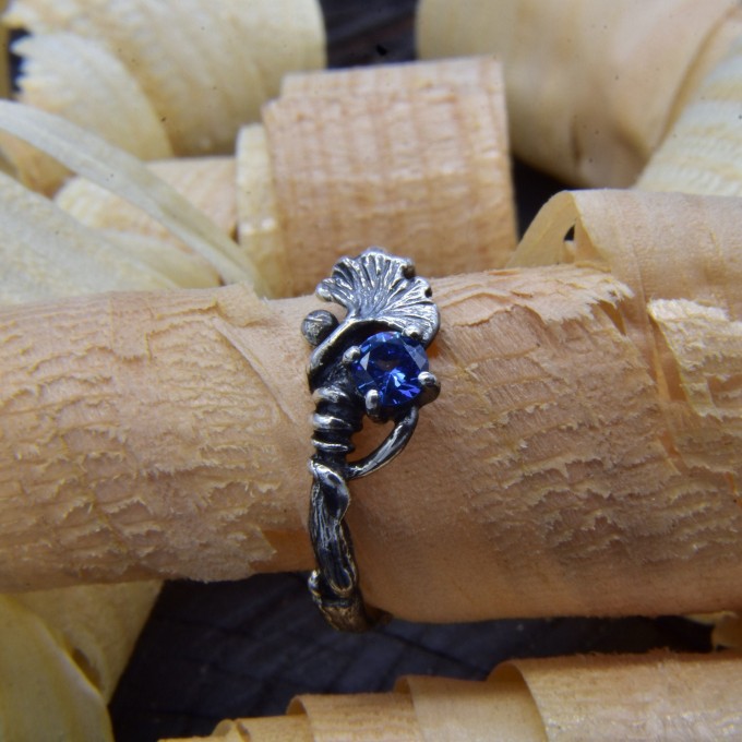 Gothic Floral Ring with Deep Blue Sapphire