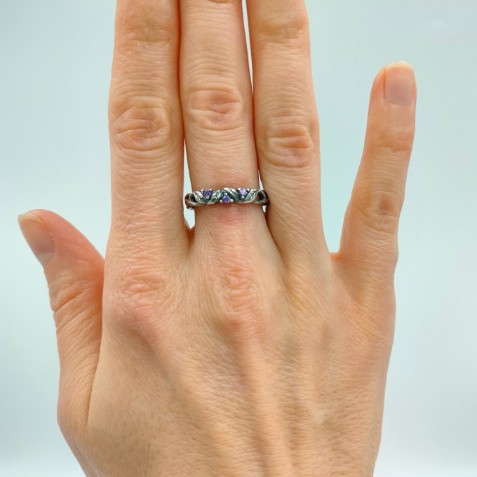 Gothic Silver Ring with Amethyst and Nature Motif