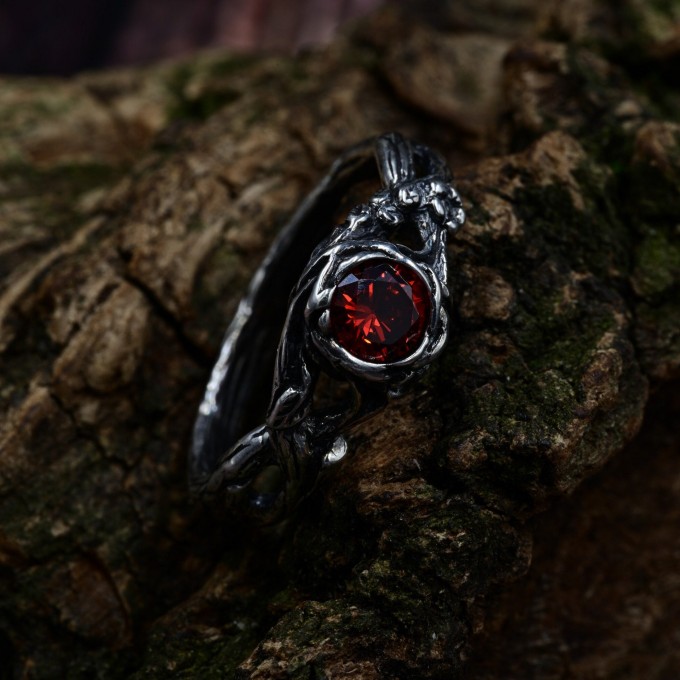 Gothic Ring with Fiery Garnet and Organic Design|Nature-Inspired Wedding Jewelry