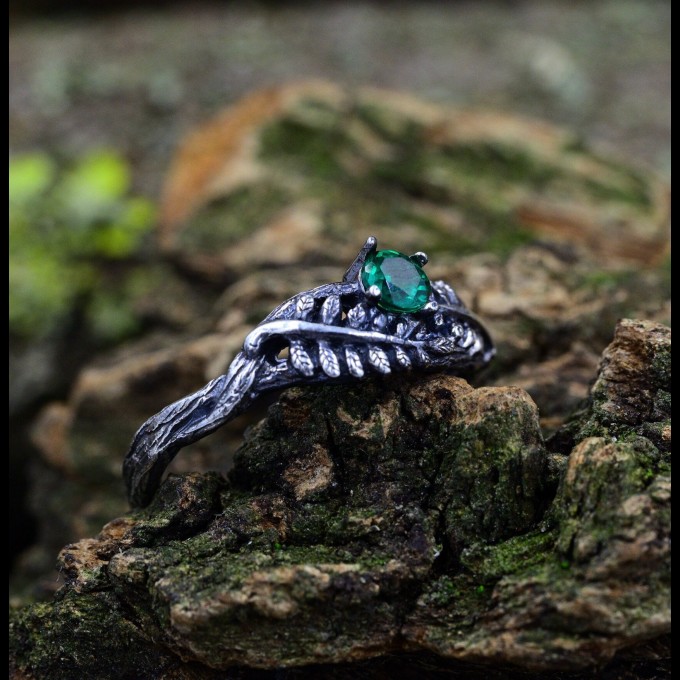Forest Crown: Gothic Sterling Silver Ring with Emerald Gemstone