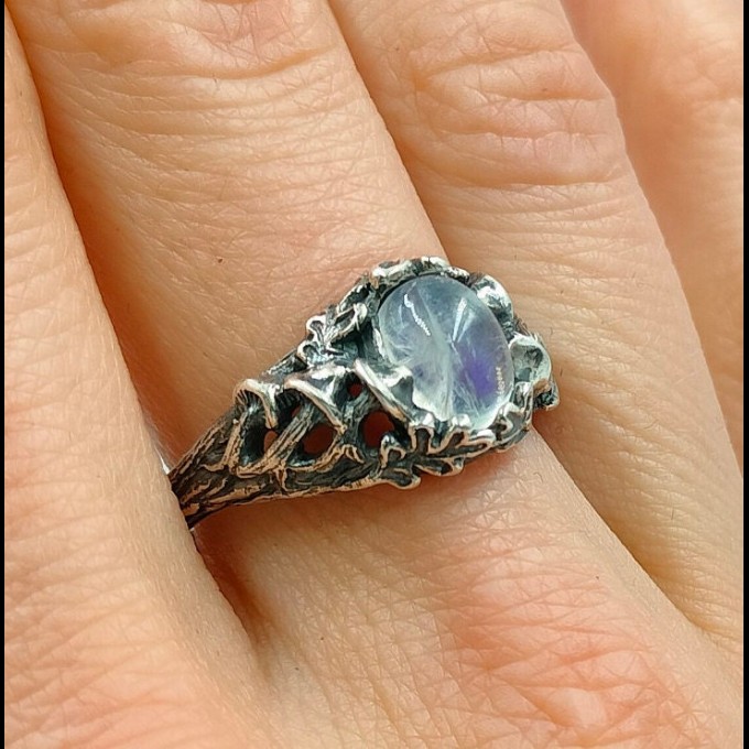 Gothic Moonstone Ring with Intricate Forest Design