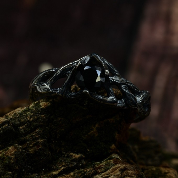 Dark Silver Ring with Black Obsidian Gemstone