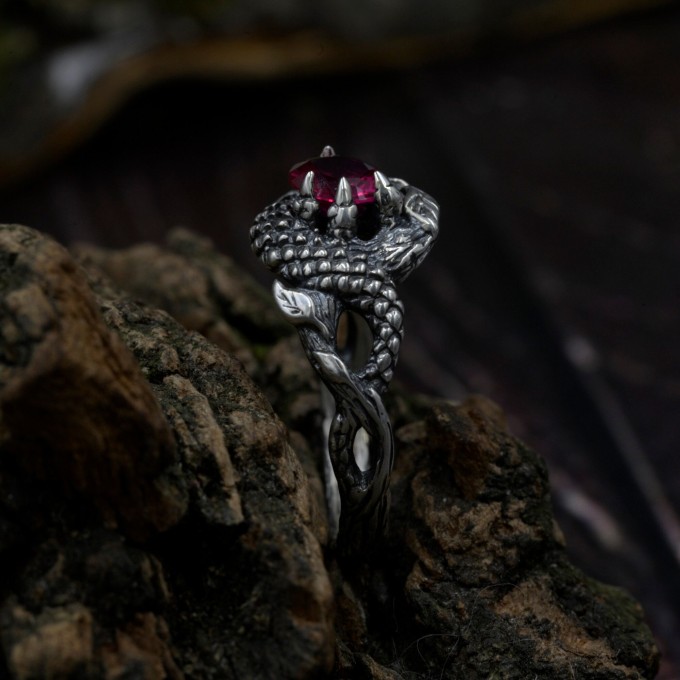 Ruby Gothic Dragon Ring with Bold and Mystical Design