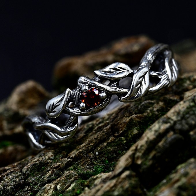 Gothic Silver Ring with Garnet and Twisted Vines