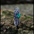 Gothic Silver Ring with Emerald and Feather Design|Intricate Silver Leaf and Tree Engagement Ring 