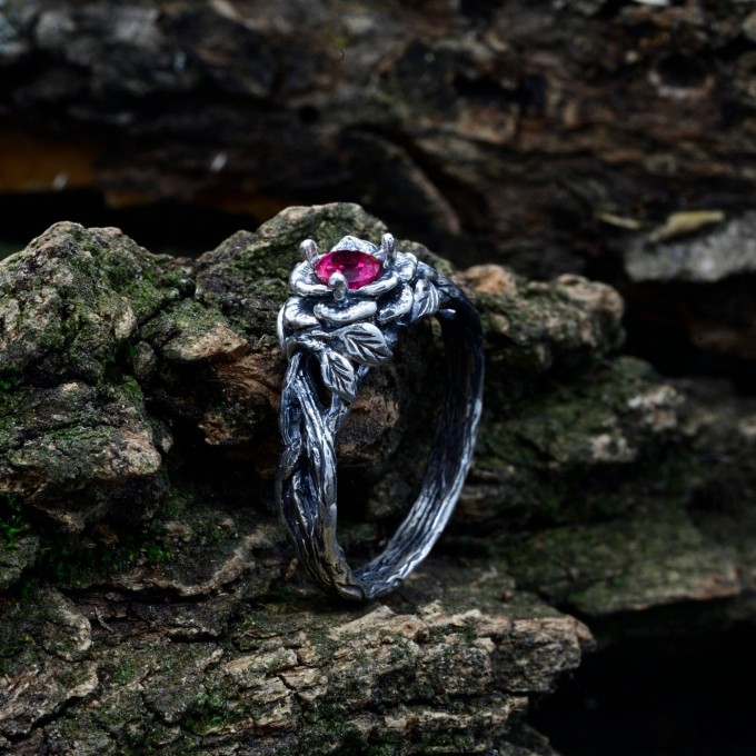 Thorned Bloom: Gothic Sterling Silver Ring with Enchanted Ruby