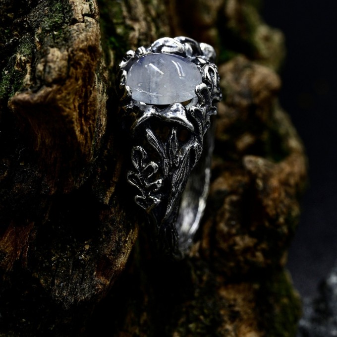 Gothic Moonstone Ring with Intricate Forest Design