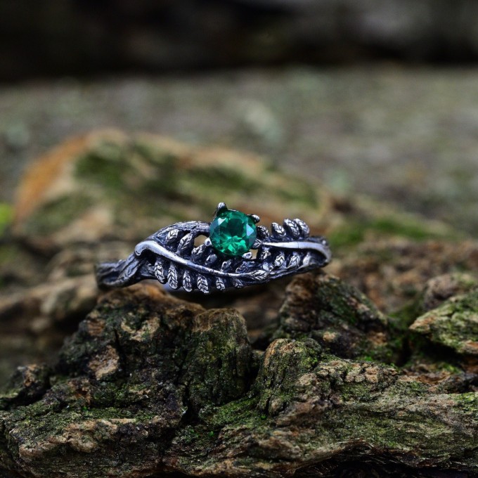 Forest Crown: Gothic Sterling Silver Ring with Emerald Gemstone