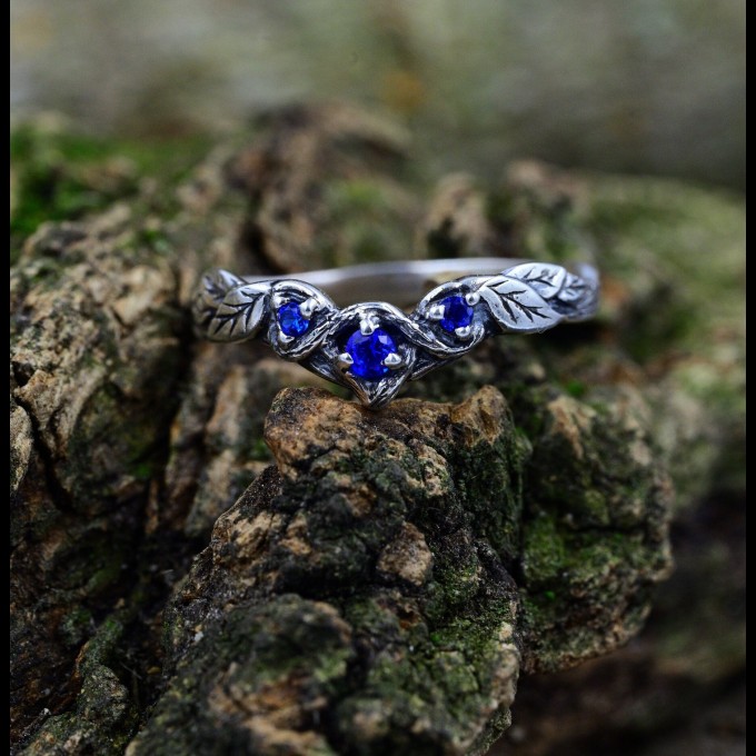 Gothic Silver Ring with Sapphire and Vine Motif
