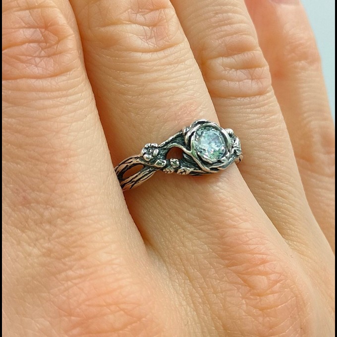 Elegant Gothic Ring with White Topaz Gemstone|Unusual Nature-Inspired Engagement Ring