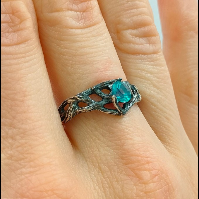 Gothic Silver Ring with Aquamarine and Nature Motif