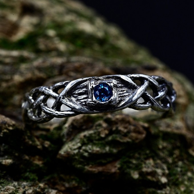 Celtic Knot Aquamarine Wedding Band for Men - Sterling Silver Vine Design