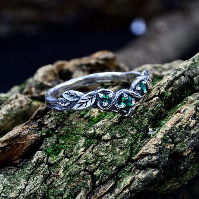 Whispers of the Forest: Sterling Silver Ring with Emerald Accents