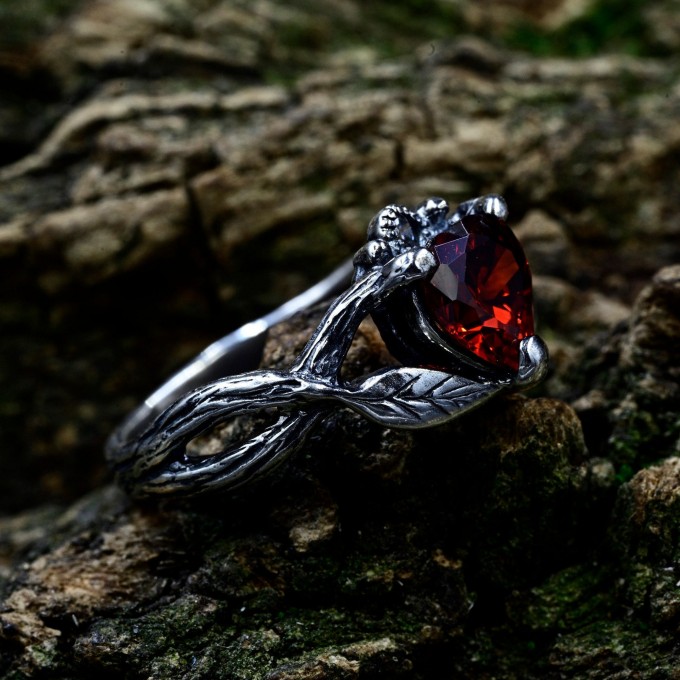 Bold Gothic Ring with Fiery Garnet Gemstone