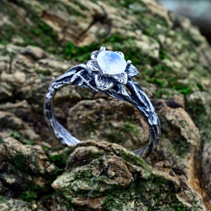 Gothic Moonstone Ring with Enchanted Branch Design– Unique Moon Flower Promise Ring for Women
