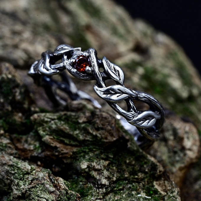 Gothic Silver Ring with Garnet and Twisted Vines