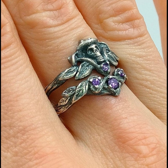 Gothic Amethyst Ring with Enchanted Mushroom Motif
