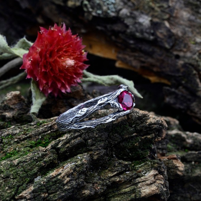 Gothic Ruby Ring with Enchanted Twisting Motif