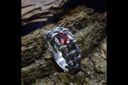 Fantasy Wedding Ring for Man, Garnet Wide Silver Band Solitaire Ring, Elven Fairy Promise Ring for Him with Branch Band