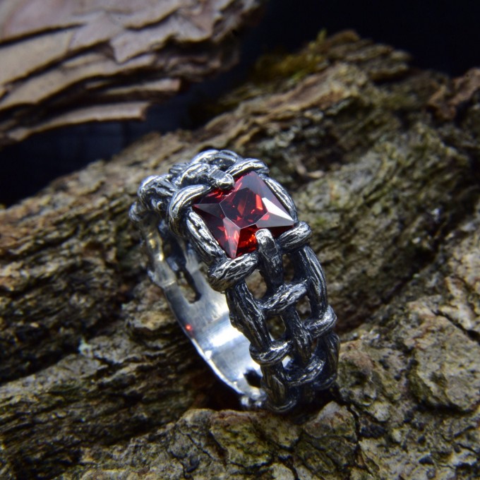 Gothic Garnet Ring with Intricate Bold Design