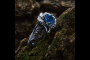 Aquamarine Celtic Dragon Wedding Ring on Braided Fantasy Branch with Leaf in Silver, Vintage Style Viking Forest Engagement Ring