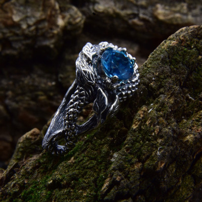 Aquamarine Celtic Dragon Wedding Ring on Braided Fantasy Branch with Leaf in Silver, Vintage Style Viking Forest Engagement Ring