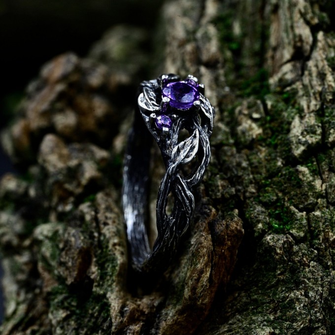Amethyst Silver Ring with Intricate Fantasy Design