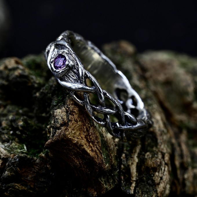 Delicate Gothic Ring with Amethyst Gemstone|Celtic Braided Weave Wedding Band with Amethyst Vine Twig Branch Design