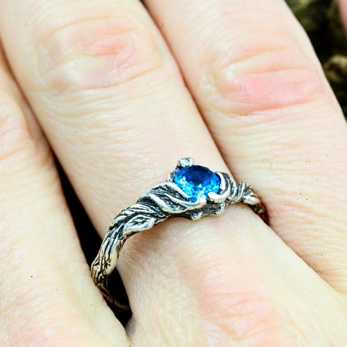 Gothic Aquamarine Ring with Enchanted Leaf Motif